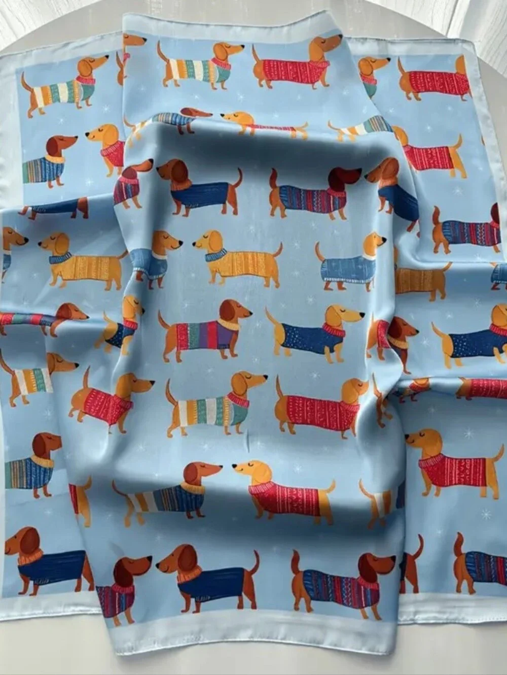 Silk-feel Light Blue Dog Print Scarf with Multicolor Head Scarf , Neck Scarf